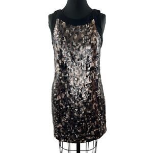 TRINA TURK Gold Black Sequin Sleeveless Round Neck Contrast Trim Sheath Dress 4